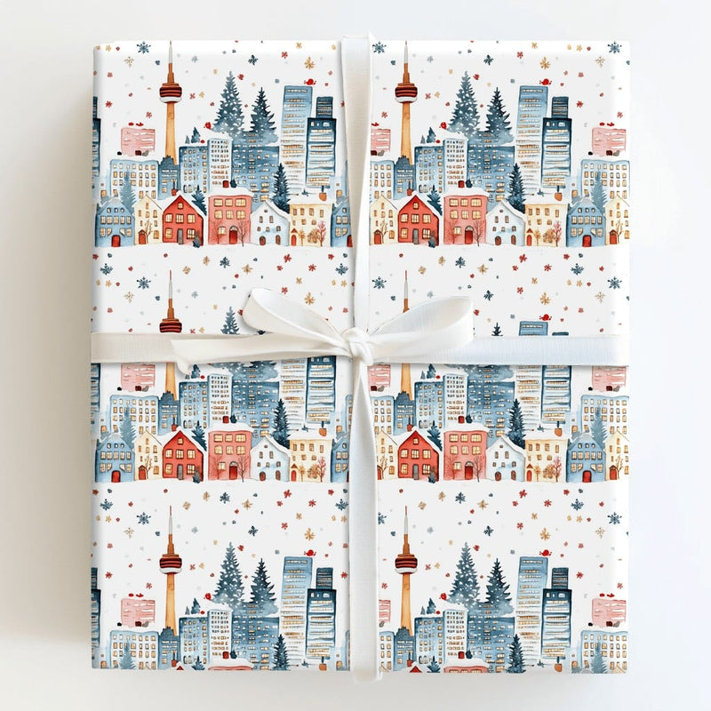 Watercolor CN Tower Gift Wrap, Toronto Skyline Christmas Wrapping Paper, Canadian Winter City Gift Wrap Roll, Canada Travel Wrapping Paper