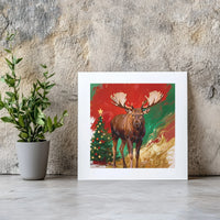 Modern Holiday Wildlife Painting Print, Christmas Moose Canvas Wall Art, Rustic Winter Cabin Canvas Decor, Festive Square Canvas Present
