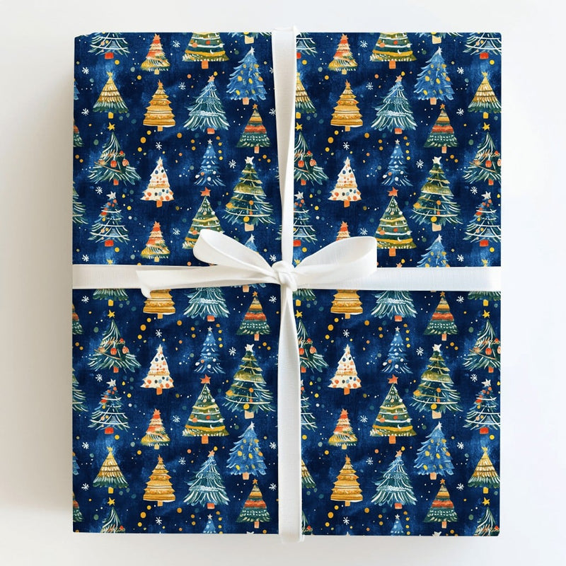 Watercolor Pine Tree Gift Wrap, Navy Christmas Tree Wrapping Paper, Elegant Blue Holiday Wrapping Paper, Festive Winter Trees Gift Wrap
