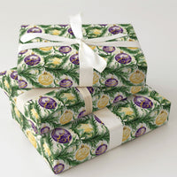 Watercolor Holiday Pine Gift Wrap, Purple and Gold Ornament Christmas Wrapping Paper, Festive Baubles Wrapping Paper, Elegant Xmas Gift Wrap