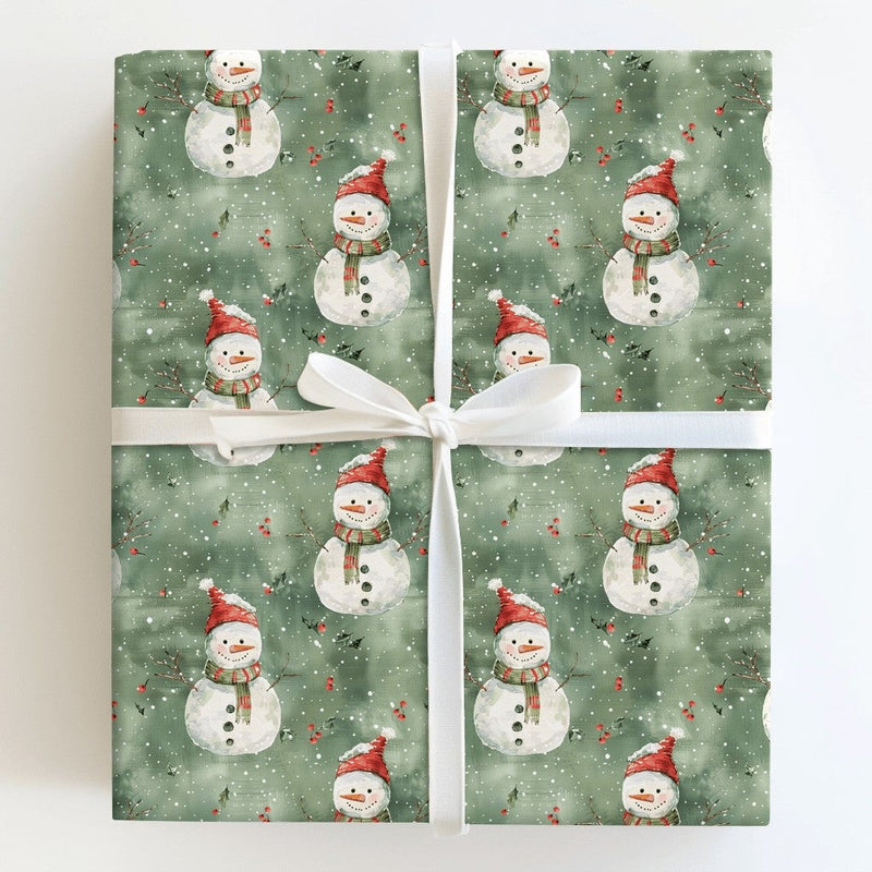 Sage Green Christmas Gift Wrap, Watercolor Snowman Wrapping Paper, Winter Holiday Snowman Gift Wrap, Adorable Snowman Christmas Wrapping Paper