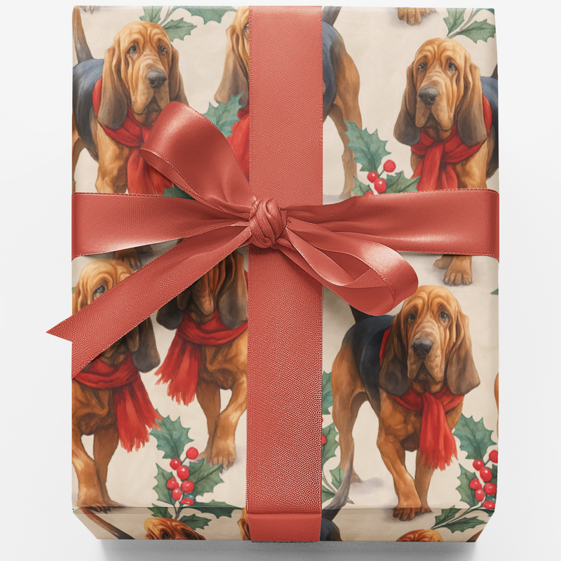 Holly Scarf Dog Gift Wrap Paper, Bloodhound Christmas Wrapping Paper, Festive Holiday Wrapping Paper Roll, Dog Lover Xmas Gift Wrap