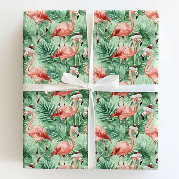 Tropical Flamingo Gift Wrap, Flamingo Christmas Wrapping Paper, Beach Holiday Wrapping Paper, Coastal Xmas Gift Wrap, Palm Le