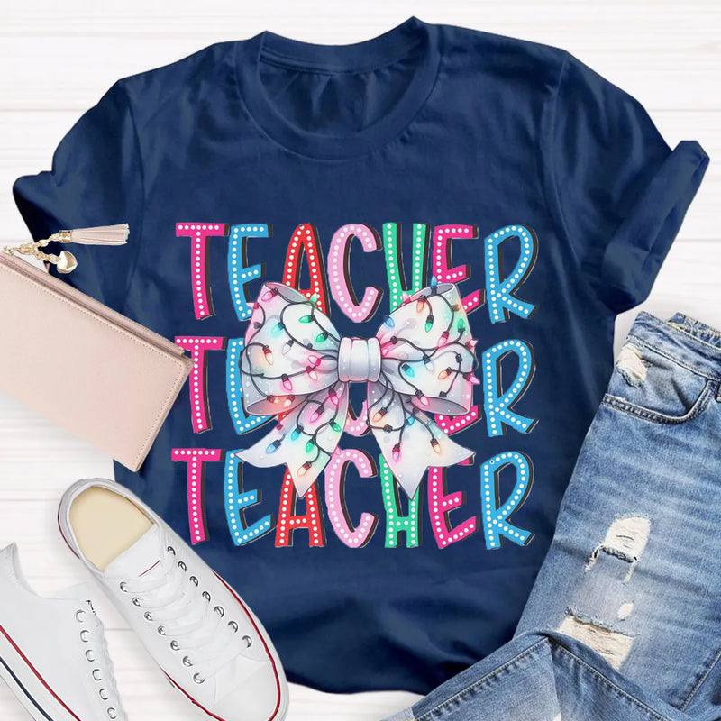 Festive Holiday Coquette Bow Shirt, Christmas Teacher Bow T-Shirt, Adorable Christmas Teacher Graphic Tee, Merry Xmas Educator Top