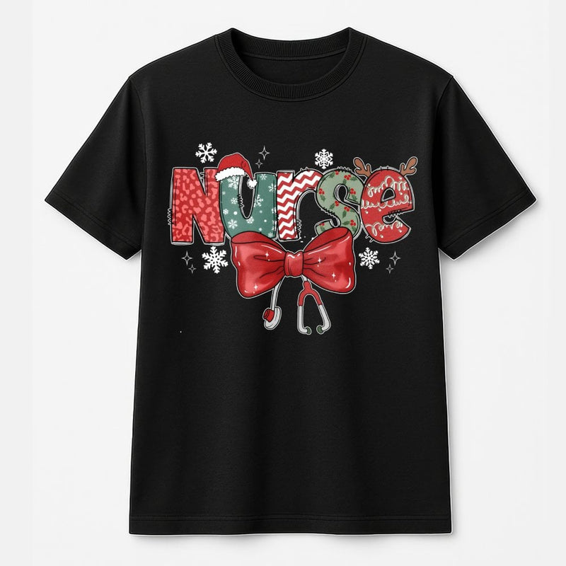 Stethoscope Bow Holiday Graphic Tee, Christmas Nurse T-Shirt, RN LPN Christmas Shirt, Nursing Student Holiday T-Shirt, Nurse Xmas Present Tee