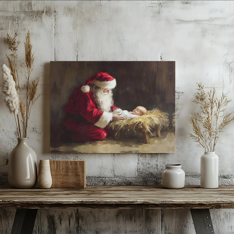 Nativity Canvas Wall Art, Santa Kneeling Before Jesus Canvas, Christian Christmas Canvas Print, Religious Faith Holiday Home Decor