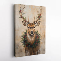 Festive Holiday Deer Canvas Print, Christmas Reindeer Canvas Wall Art, Rustic Winter Wreath Canvas Art, Farmhouse Holiday Decor Present