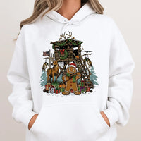 Christmas Deer Hunter Hoodie, Humorous Gingerbread Man Hunting Hoodie, Holiday Hunting Scene Hoodie, Adorable Xmas Outdoor Sweatshirt Present