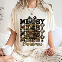 Leopard Coquette Bow Graphic Tee, Merry Christmas Camo Tree T-Shirt, Country Holiday Shirt, Southern Xmas Camo Tree T-Shirt