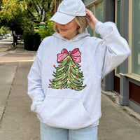 Pink Bow Christmas Tree Hooded Sweatshirt, Watercolor Christmas Tree Hoodie, Adorable Holiday Tree Pullover, Festive Christmas Hoodie Present
