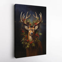 Christmas Deer Canvas Print, Majestic Stag Holly Wreath Canvas Art, Rustic Woodland Canvas Wall Decor, Holiday Cabin Decor, Lodge Present