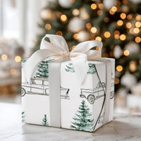 Watercolor Pine Christmas Wrapping Paper, Retro Blue Car with Tree Wrapping Paper, Vintage Winter Holiday Gift Wrap, Festive Xmas Paper Roll