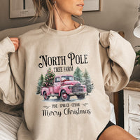 Pink Vintage Truck Christmas Crewneck, North Pole Tree Farm Sweatshirt, Coquette Holiday Tree Sweater, Adorable Winter Xmas Present Her