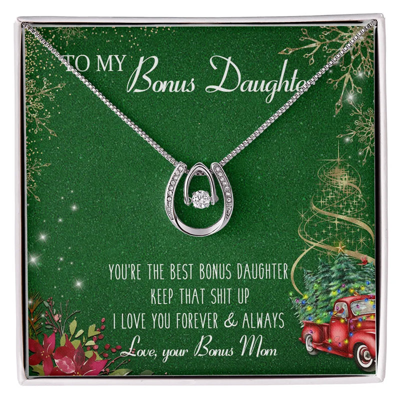 Dancing Cubic Zirconia Necklace, Bonus Daughter Horseshoe Necklace, Stepdaughter Pendant, Meaningful Christmas Present from Bonus Mom