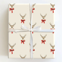 Red Bow Reindeer Gift Wrap, Watercolor Reindeer Wrapping Paper, Rustic Holiday Reindeer Paper Roll, Cream Christmas Gift Wrapping Paper