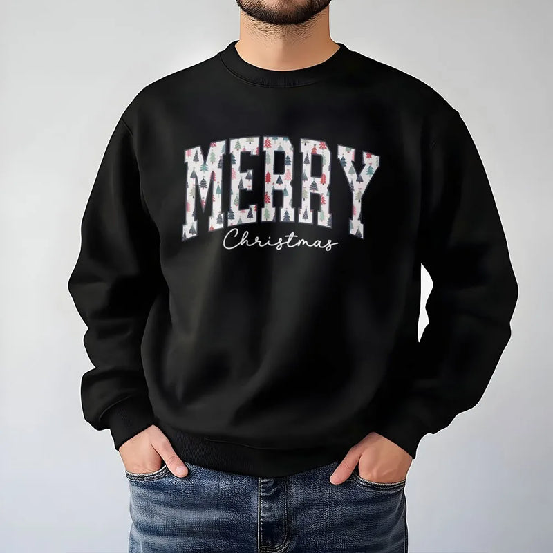 Varsity Lettering Holiday Crewneck, Merry Christmas Tree Sweatshirt, Retro Christmas Graphic Sweater, Festive Winter Holiday Sweatshirt
