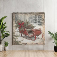 Rustic Red Sled Winter Forest Snow Scene Print, Vintage Christmas Sleigh Canvas Wall Art, Holiday Canvas Poster, Digital Download