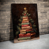 Stacked Books Holiday Poster, Bookish Christmas Tree Canvas Print, Oil Painting Bookworm Wall Art, Printable Digital Download