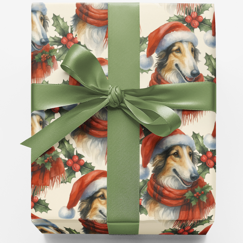 Winter Holly Star Dog Gift Wrap, Borzoi Christmas Wrapping Paper, Russian Hound Present Wrap Paper, Elegant Dog Breed Wrapping Paper Roll