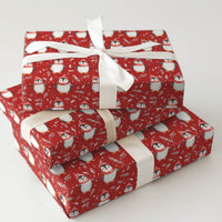 Red Winter Hat Holiday Gift Wrap, Adorable Penguin Christmas Wrapping Paper, Cartoon Penguin Wrapping Paper, Festive Snowflake Gift Wrap Roll