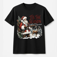 Humorous Deer Hunter Christmas T-Shirt, Tis the Season Santa Hunting Shirt, Retro Xmas Hunting Tee, Outdoorsman Holiday Graphic Shirt