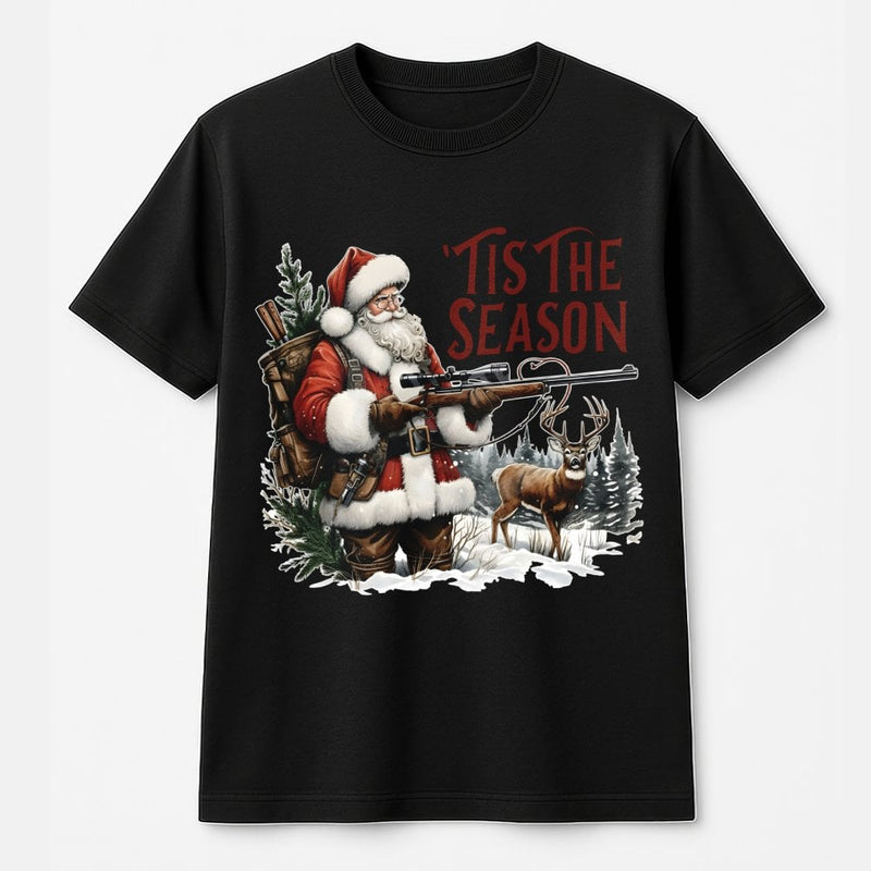 Humorous Deer Hunter Christmas T-Shirt, Tis the Season Santa Hunting Shirt, Retro Xmas Hunting Tee, Outdoorsman Holiday Graphic Shirt