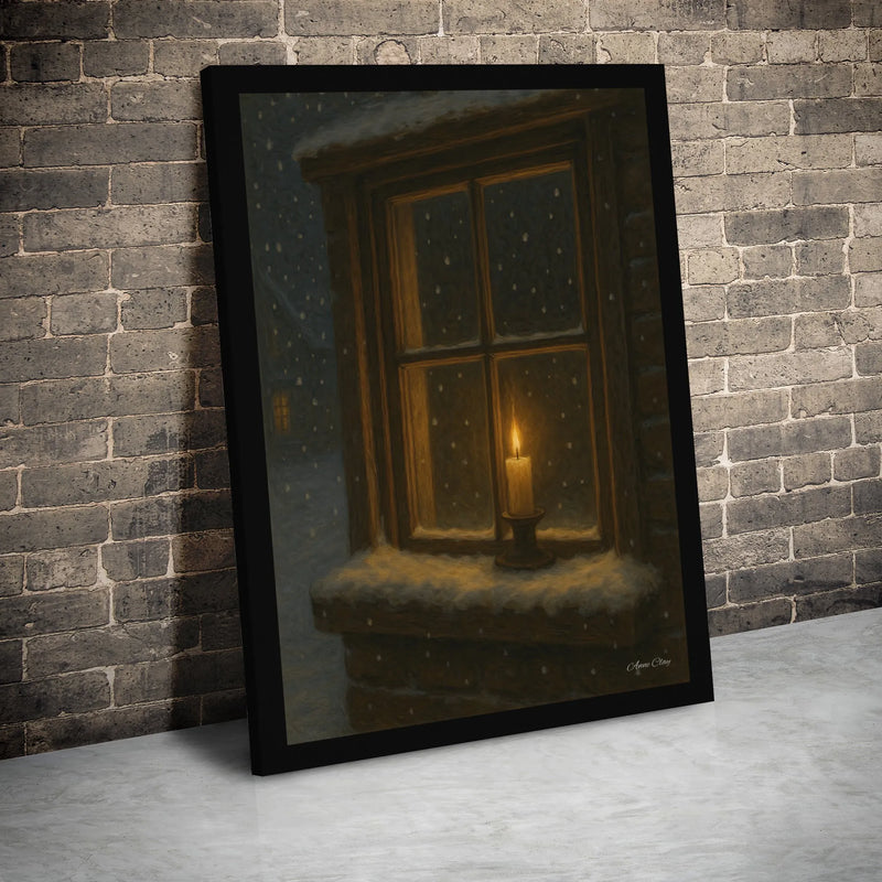 Comfy Candle Canvas Print, Winter Snowy Window Canvas Wall Art, Warm Holiday Canvas Wall Decor, Christmas Season Wall Art, Comfy Home Present