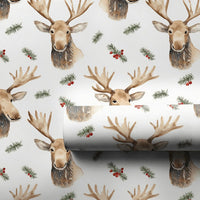 Rustic Woodland Moose Gift Wrap, Watercolor Moose Christmas Wrapping Paper, Wildlife Holiday Wrapping Paper, Festive Winter Gift Wrap Roll