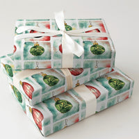 Watercolor Holiday Grid Gift Wrap, Christmas Ornament Stamp Wrapping Paper, Festive Red Green Ornament Wrapping Paper, Xmas Gift Wrap Roll