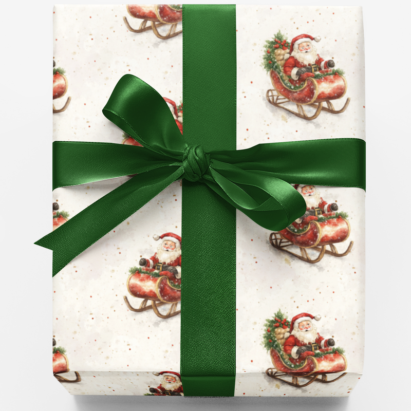 Christmas Sleigh Gift Wrap, Vintage Santa Wrapping Paper, Retro Holiday Present Paper, Traditional Xmas Gift Wrap Roll