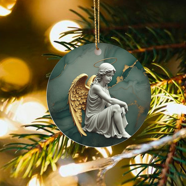 Gold Wing Halo Marble Ornament, Sitting Angel Ceramic Ornament, Religious Christmas Tree Decor, Christian Holiday Keepsake Pr