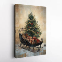 Festive Tree and Presents Canvas, Vintage Christmas Sleigh Canvas Print, Holiday Season Canvas Wall Art, Winter Home Decor, Christmas Present