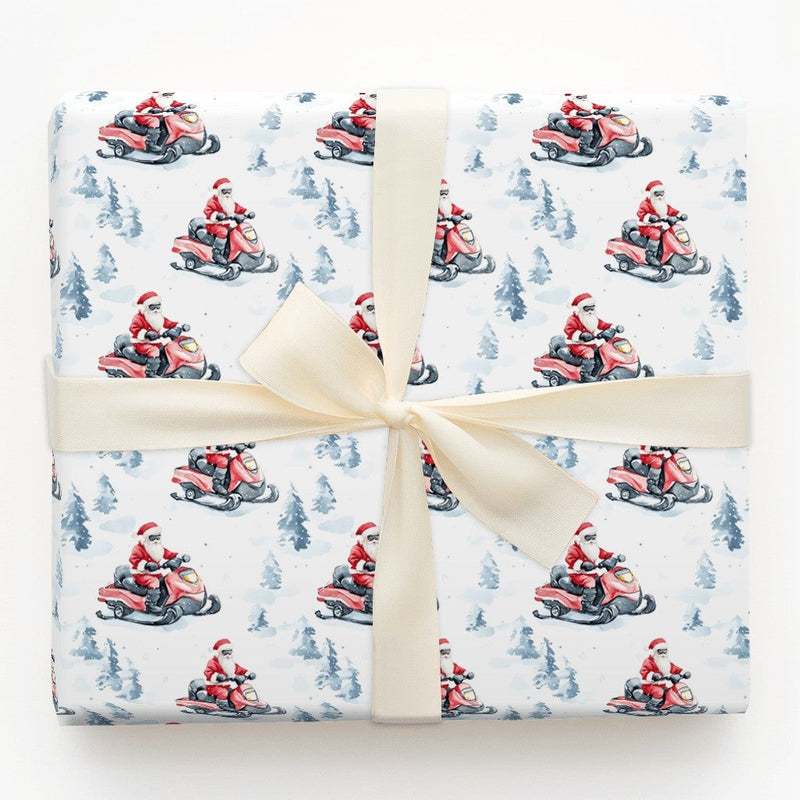 Watercolor Winter Forest Gift Wrap Paper, Santa Snowmobile Christmas Wrapping Paper, Snowmobile Holiday Wrapping Paper, Xmas Gift Wrap Roll