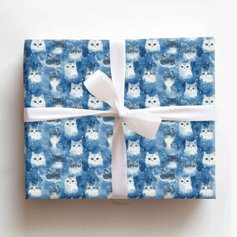 Snowy Blue Kitten Holiday Gift Wrap, Watercolor Winter Cat Wrapping Paper, Adorable Pet Lover Wrapping Paper, Comfy Christmas Cat Present Wrap