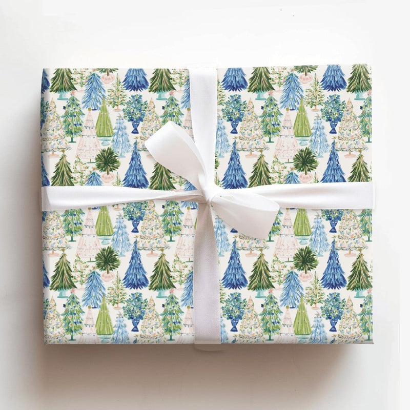 Blue Green Holiday Gift Wrap, Watercolor Christmas Tree Wrapping Paper, Festive Trees Wrapping Paper, Winter Woodland Forest Wrapping Paper