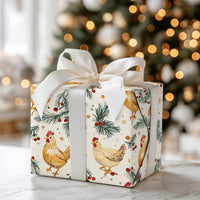 Farmhouse Rooster Holiday Gift Wrap, Christmas Chicken Wrapping Paper, Rustic Country Pine Present Wrap, Hen Barnyard Holiday Present Paper