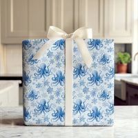 Coastal Christmas Wrapping Paper, Blue Octopus Wrapping Paper, Watercolor Snowflake Holiday Wrapping Paper, Ocean Lover Gift Wrap Roll