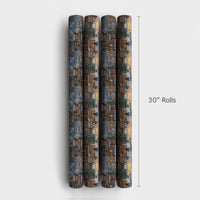 Festive Town Square Gift Wrap, Snowy Night Christmas Village Wrapping Paper, Winter Holiday Wrapping Paper, Comfy Nighttime Gift Wrap Roll