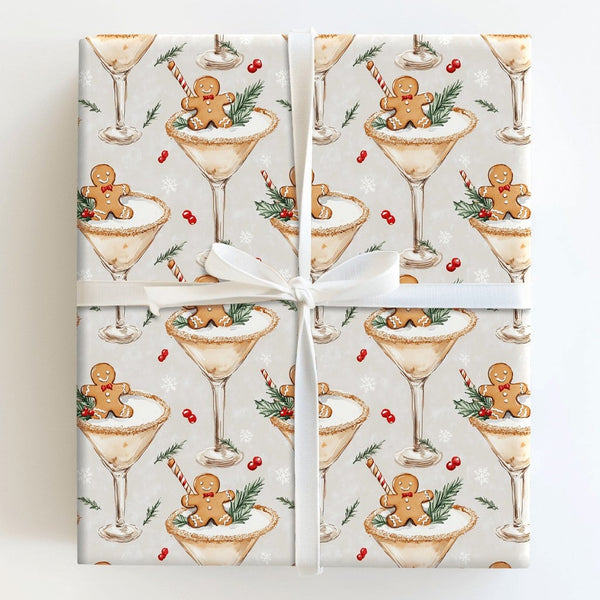 Holiday Cocktail Gift Wrap, Gingerbread Man Martini Wrapping Paper, Adorable Gingerbread Christmas Wrapping Paper, Festive Sn
