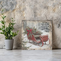 Rustic Winter Forest Canvas Wall Art, Vintage Red Sleigh Square Canvas, Farmhouse Snowy Christmas Canvas Print, Holiday Decor