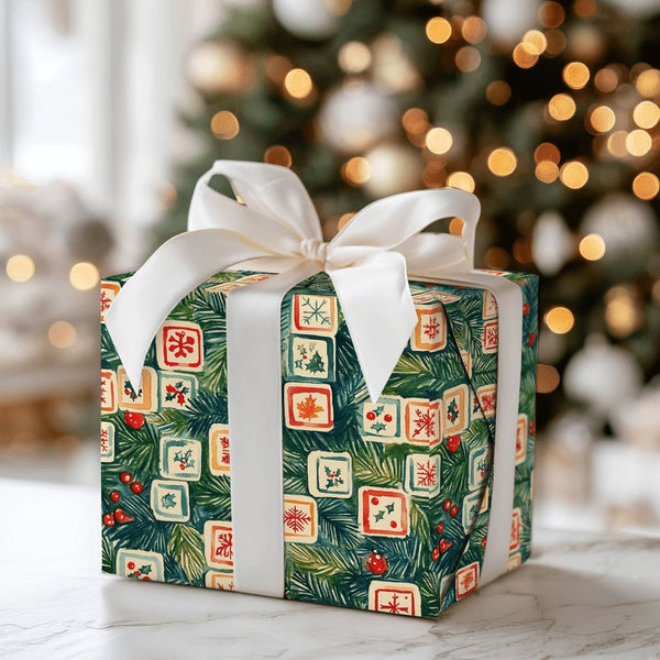 Retro Snowflake Pine Gift Wrap, Vintage Tile Christmas Wrapping Paper, Holly Berry Holiday Wrapping Paper, Nostalgic Xmas Gif