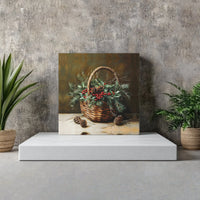Rustic Holly Berry Canvas Print, Christmas Basket Still Life Canvas Wall Art, Winter Pinecone Painting, Holiday Decor Digital Download