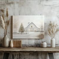 Winter Farmhouse Print, Snowy White Barn Christmas Canvas Wall Art, Rustic Lit Tree Digital Download, Holiday Home Decor Present