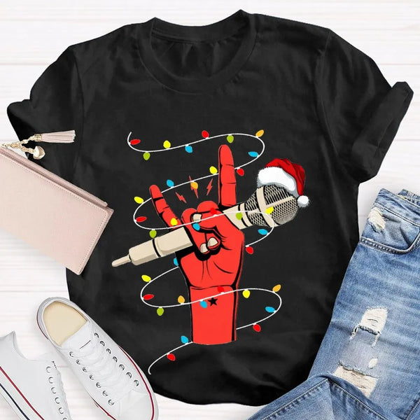 Festive Singer Holiday Graphic Tee, Christmas Microphone Santa Hat Shirt, Music Lover Christmas T-Shirt, Vocalist Musician Xm