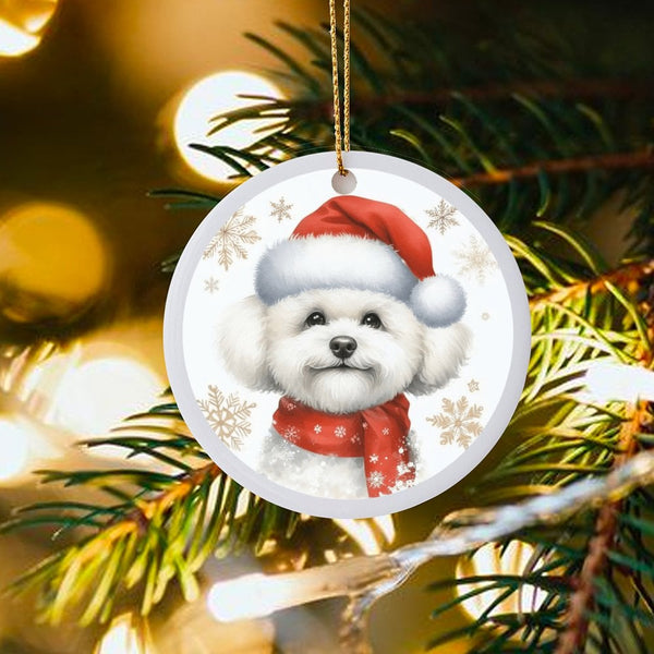 Santa Hat Dog Ceramic Ornament, Bichon Frise Christmas Ornament, Winter Snowflake Puppy Ornament, Festive Dog Lover Tree Deco