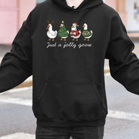 Adorable Santa Duck Christmas Graphic Hooded Sweatshirt, Just A Jolly Goose Hoodie, Silly Honk Xmas Pullover, Humorous Winter Animal Lover Jumper