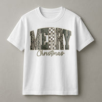 Distressed Checkered Christmas Shirt, Merry Christmas Camo T-Shirt, Camouflage Holiday Graphic Tee, Unisex Festive Xmas T-Shirt Present for Men