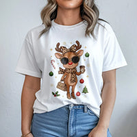 Leopard Print Christmas T-Shirt, Boujee Reindeer T-Shirt, Adorable Holiday Animal Graphic Tee, Retro Winter Reindeer Shirt, Womens Xmas Present