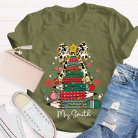 Bow and Colored Pencil Holiday Graphic Tee, Personalized Christmas Tree T-Shirt, Custom Teacher Christmas Shirt, Adorable School Holiday Tee