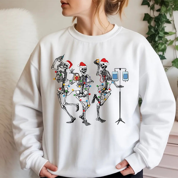 Humorous Skeleton Nurse Crewneck, Dancing Skeleton Christmas Sweatshirt, Retro Holiday Skeleton Pullover, Christmas Lights Sw